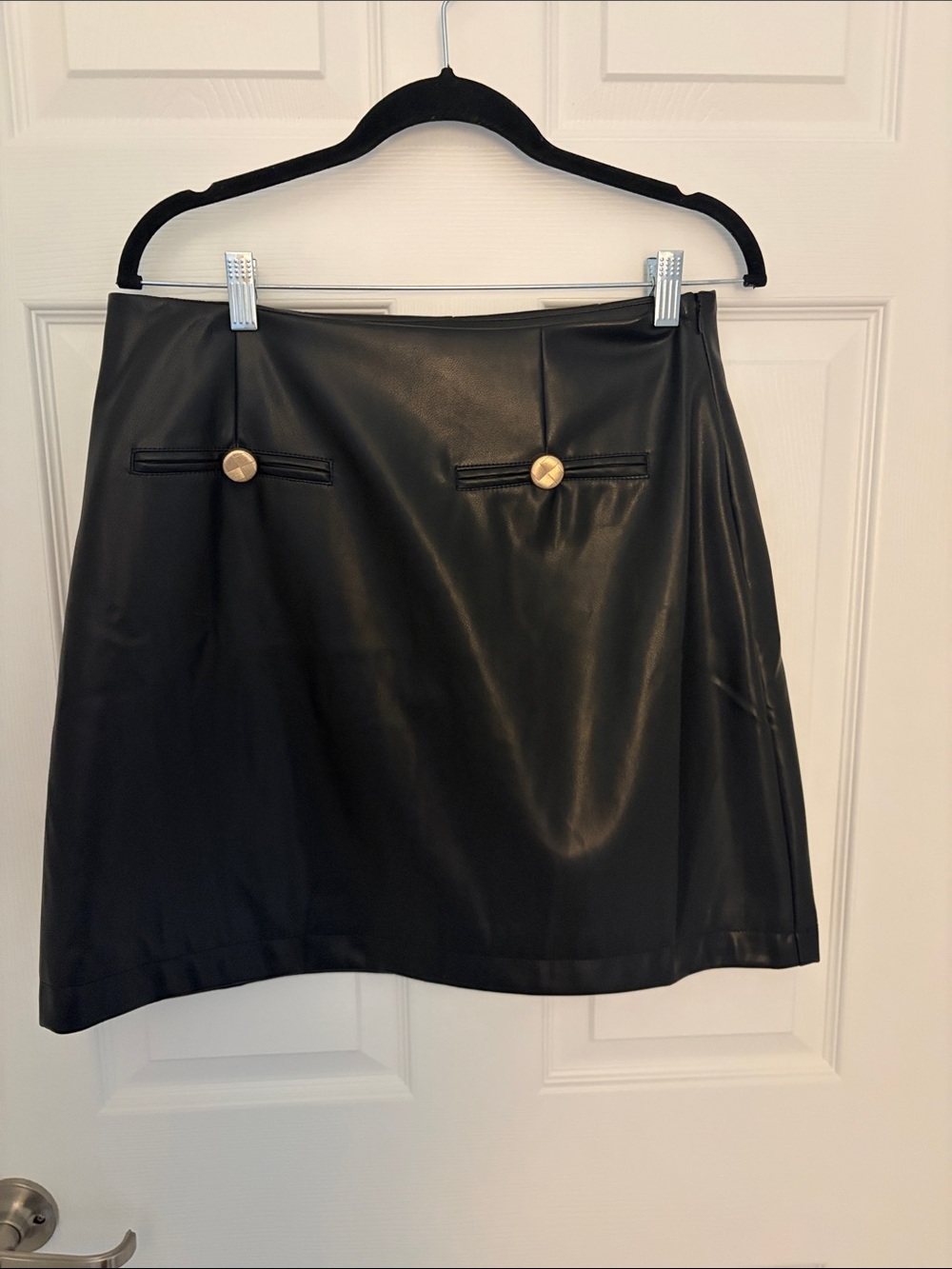 G by Giuliana Black Faux Leather A-Line Skirt with Gold Button Detail